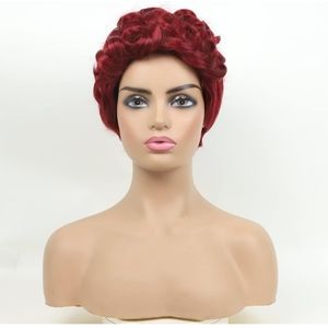 Short Burgundy Pixie Curly Synthetic Hair Wig.